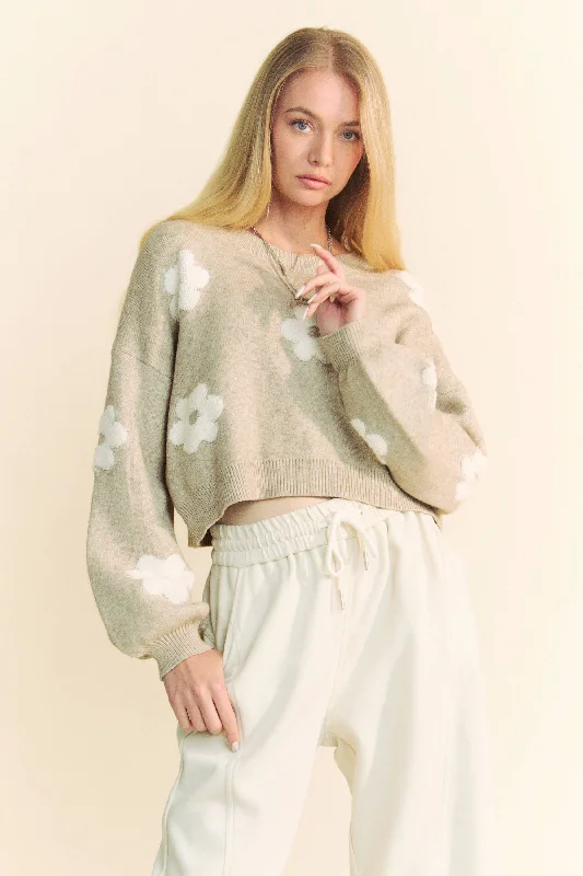 Davi & Dani Floral Printed Long Sleeve Loose Fit Knit Sweater: Taupe Neon Metallic Matte Davi & Dani Floral Printed Long Sleeve Loose Fit Knit Sweater: Taupe Neon Metallic Matte