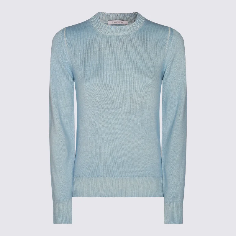 Cruciani Sweaters Blue Solid Color Striped Floral Print