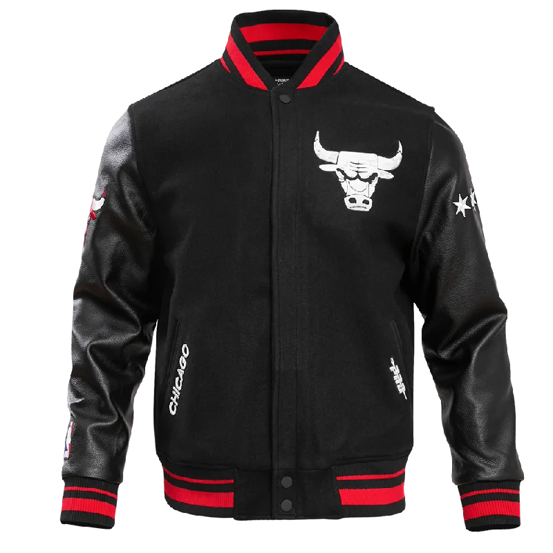 NBA CHICAGO BULLS MEN'S CHEST MADHOUSE ON MADISON RIB WOOL VARISTY JACKET (BLACK/RED/BLACK) Rayon Fabric Velvet Fabric Corduroy Fabric