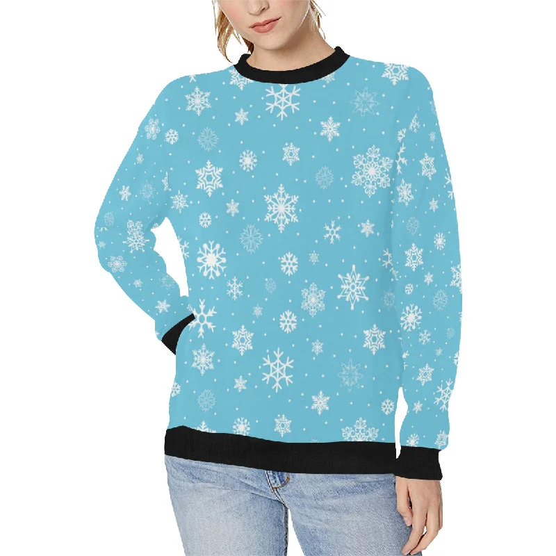 Snowflake pattern blue background Women's Crew Neck Sweatshirt Hoodie with Mock Neck Collared Structured