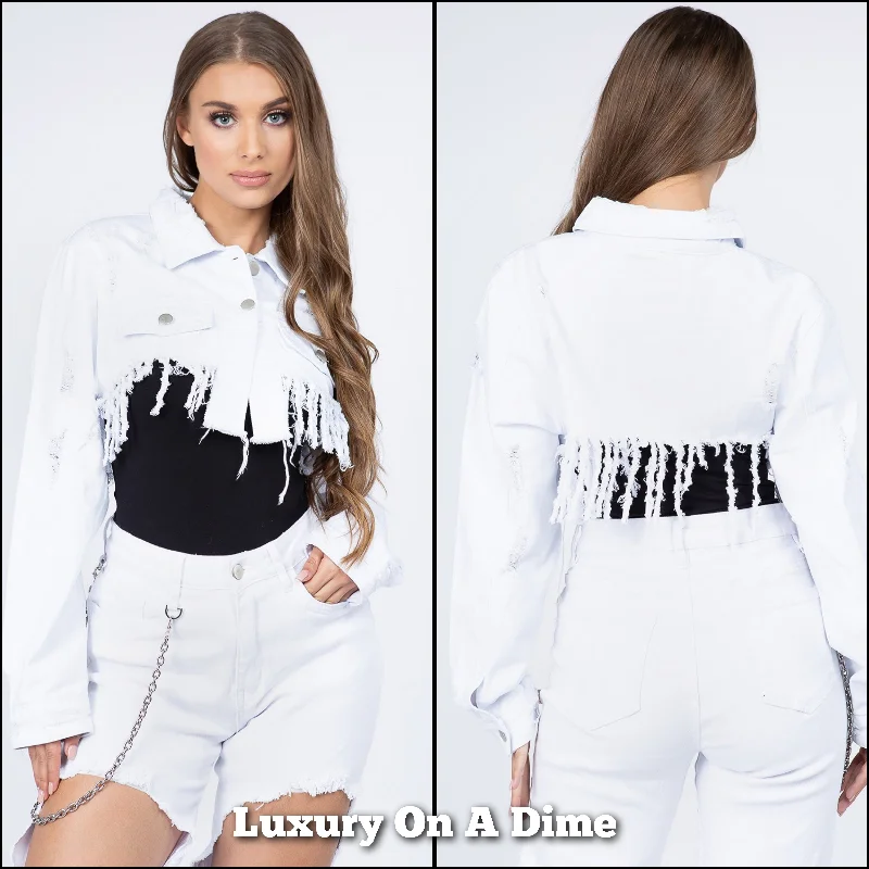 American Bazi Ultra Cropped Distressed Frayed White Denim Button-up Jean Jacket Hooded Jacket Caped Jacket Shawl Collar Jacket American Bazi Ultra Cropped Distressed Frayed White Denim Button-up Jean Jacket Hooded Jacket Caped Jacket Shawl Collar Jacket