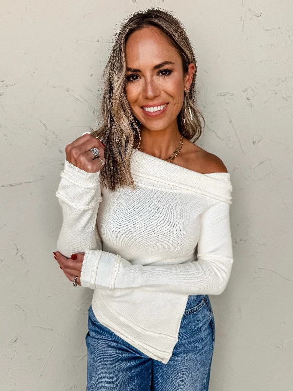 Gliding By Off The Shoulder Sweater-Ecru Real Fur Shearling Chenille