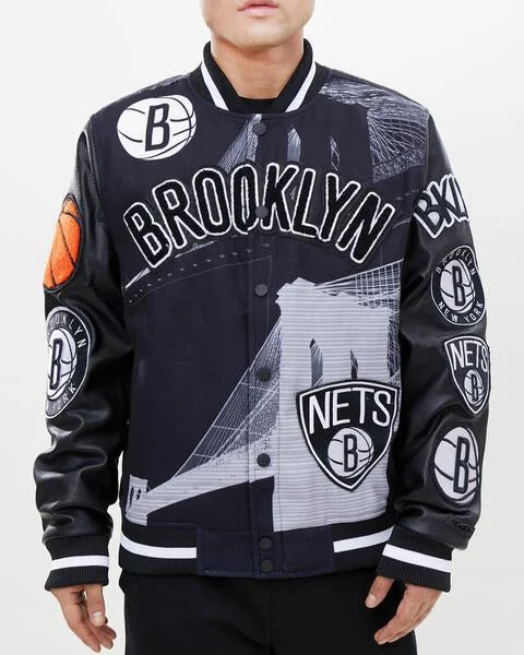 NBA BROOKLYN NETS REMIX VARSITY MEN'S JACKET (BLACK) Striped Jacket Polka Dot Jacket Floral Jacket