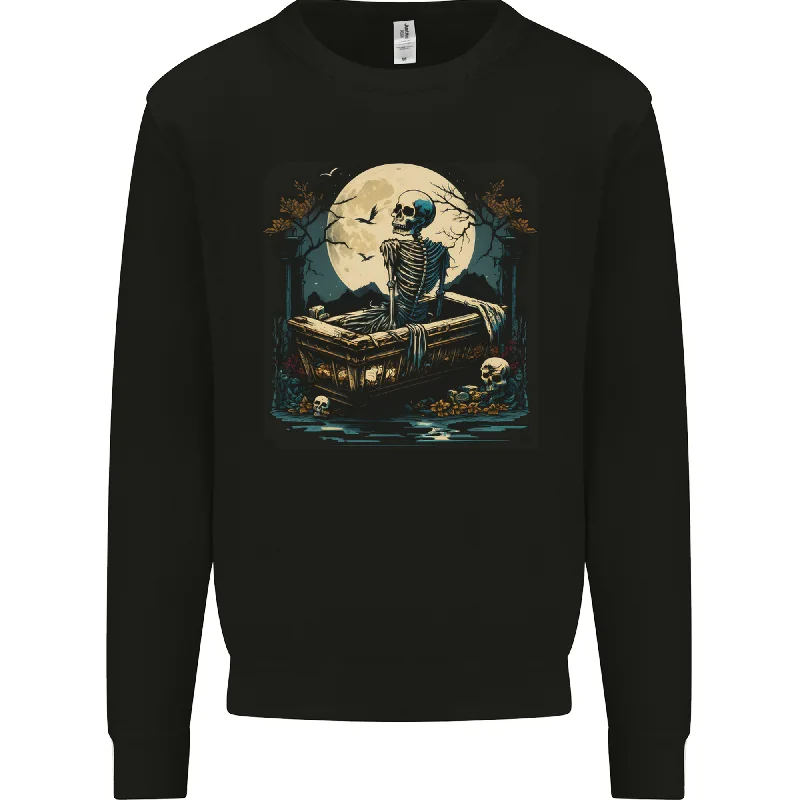 A Skeleton & Coffin in a Graveyard Halloween Mens Sweatshirt Jumper Hoodie with Belted Waist Structured Tailored