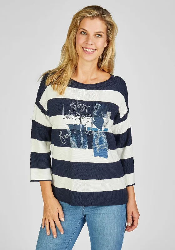 Rabe Text Print Striped Sweater, Navy Toggled Drawstring Belted