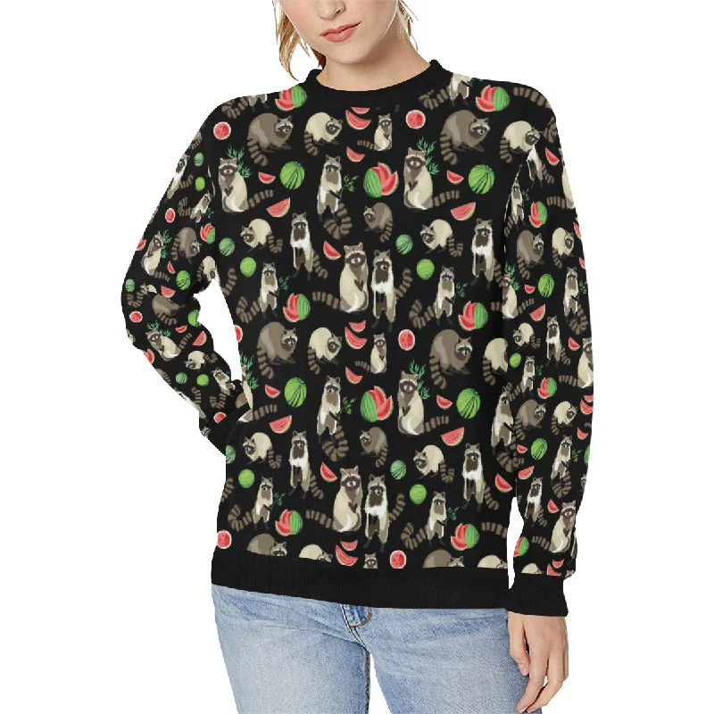 Raccoon watermelon pattern Women's Crew Neck Sweatshirt Hoodie with Earth Tones Natural Calm