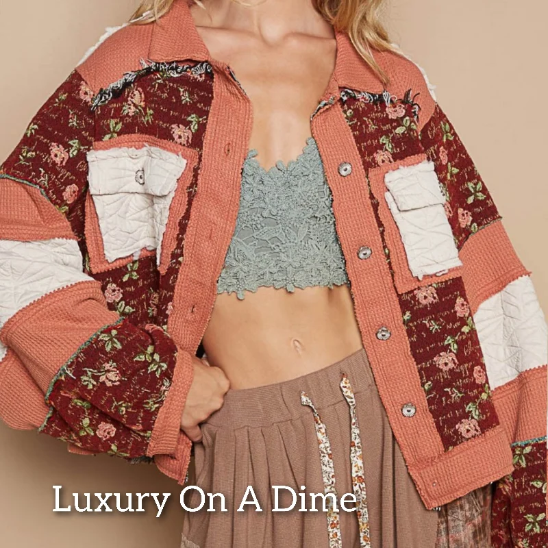 POL Quilted Patchwork Retro Floral Waffle Knit Frayed Raw Bohemian Button Jacket Hoodie Zip-Up Jacket Button-Up Jacket POL Quilted Patchwork Retro Floral Waffle Knit Frayed Raw Bohemian Button Jacket Hoodie Zip-Up Jacket Button-Up Jacket
