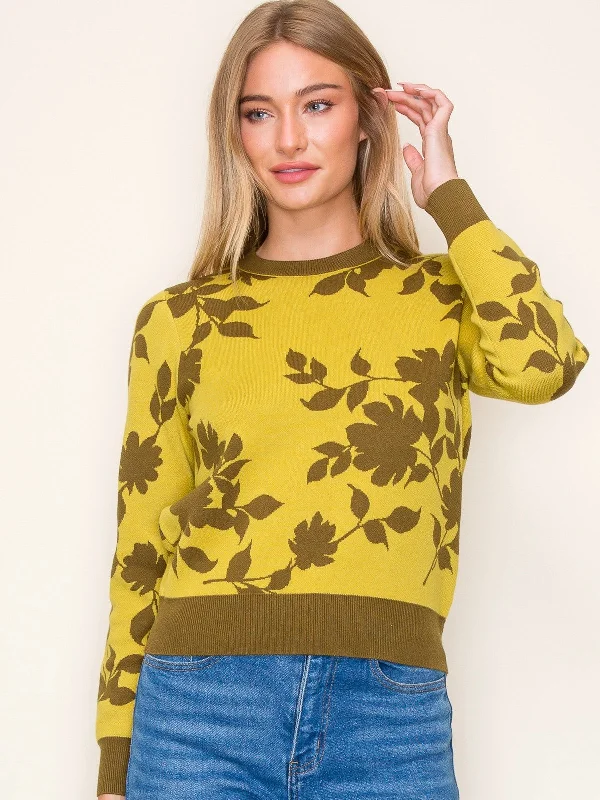 Flower Jacquard Rib Detail Sweater Welt Pockets Slit Pockets Flap Pockets