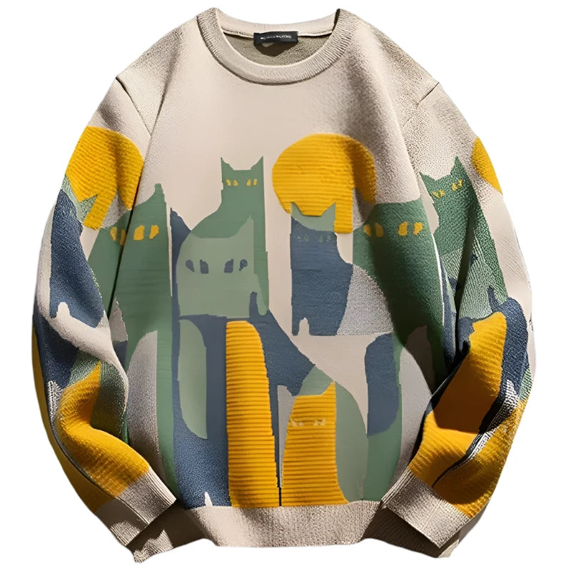 2024 Autumn Knitted Sweater Men Women Winter Harajuku Cartoon Full Cat Print Pullover Vintage Causal Loose Sweaters Streetwear Faux Fur Fabric Real Fur Fabric Shearling Fabric