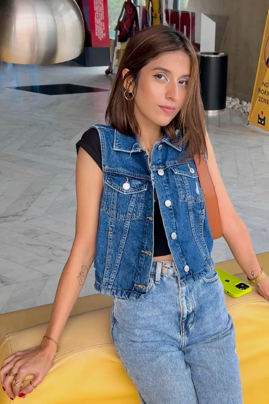 MNG Women's Sleeveless Distressed Denim Jacket Front Pockets Side Pockets Patch Pockets MNG Women's Sleeveless Distressed Denim Jacket Front Pockets Side Pockets Patch Pockets