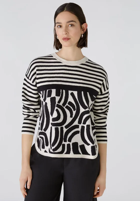 Oui Contrast Print Knit Sweater, Black & Off White Boxy Sweater Fitted Sweater A-Line