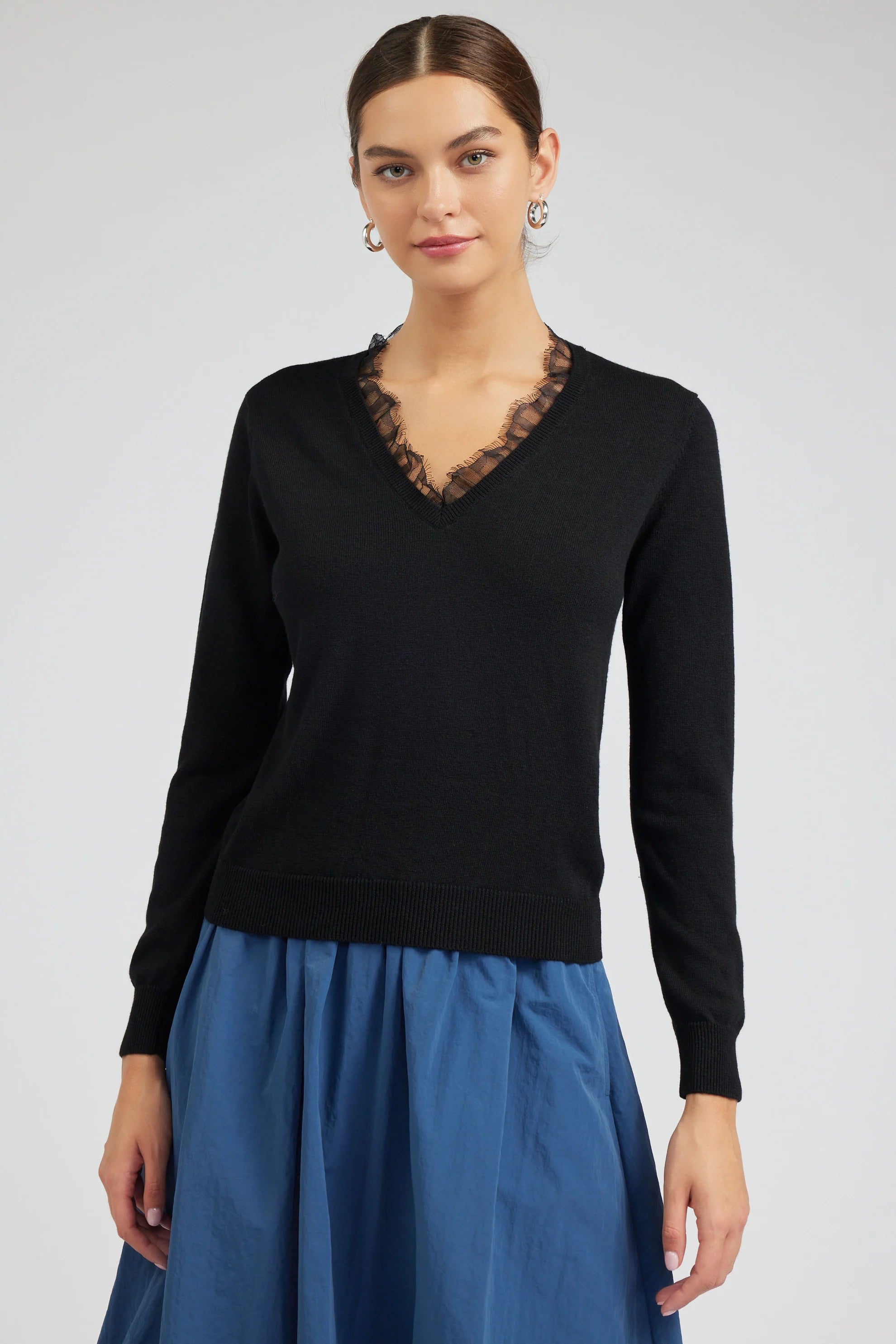 lace trim v neck sweater Mesh Blend Leather Blend Suede Blend