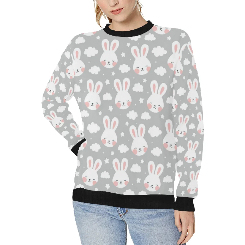 Rabbit cloud Pattern Women's Crew Neck Sweatshirt Hoodie with Metallic Shiny Futuristic