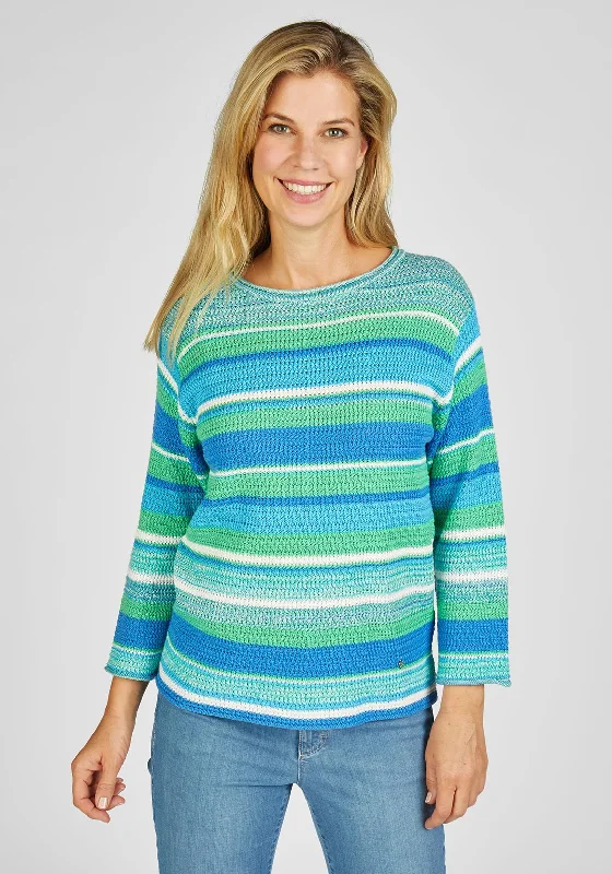 Rabe Round Neck Stripe Knit Sweater, Green Polka Dot Checkered Tartan