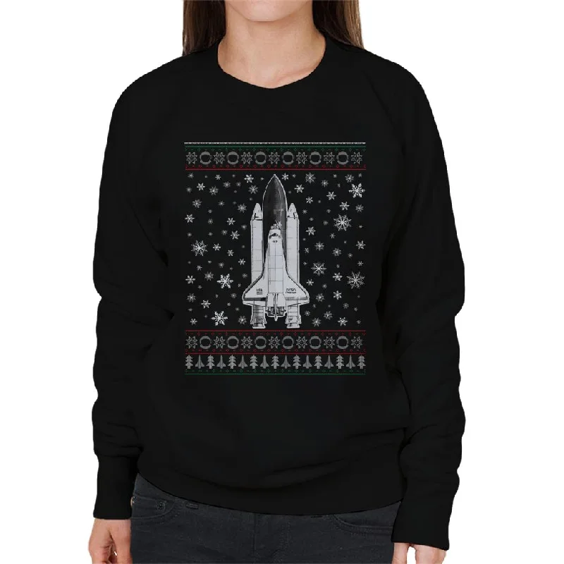 NASA Challenger Shuttle Christmas Knit Pattern Women's Sweatshirt Hoodie with Fur Luxurious Winter