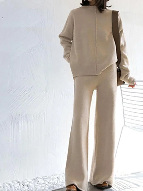 Ashoreshop Sweater Matching  2 Piece Pant Suits For Women Zippered Buttoned Snapped