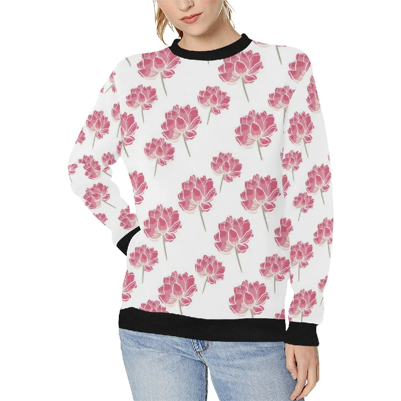 Pink lotus waterlily pattern Women's Crew Neck Sweatshirt Hoodie with Drop Shoulder Relaxed Streetwear