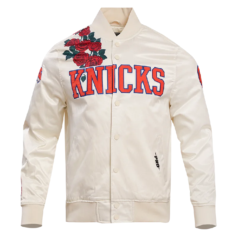 NBA NEW YORK KNICKS ROSES MEN'S SATIN JACKET (EGGSHELL / MULTI) Insulated Jacket Fitted Jacket Loose Jacket