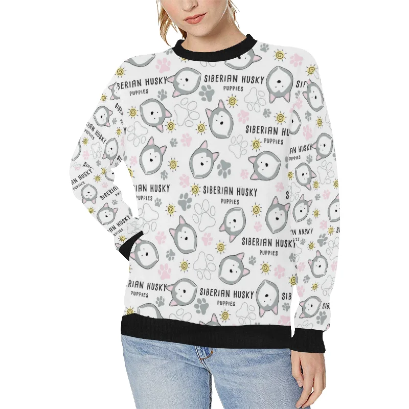 Siberian Husky design pattern Women's Crew Neck Sweatshirt Hoodie with Hem Frayed Vintage Worn