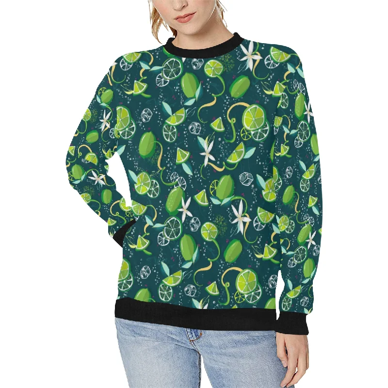 Lime ice flower pattern Women's Crew Neck Sweatshirt Hoodie with Zipper Placket Modern Functional