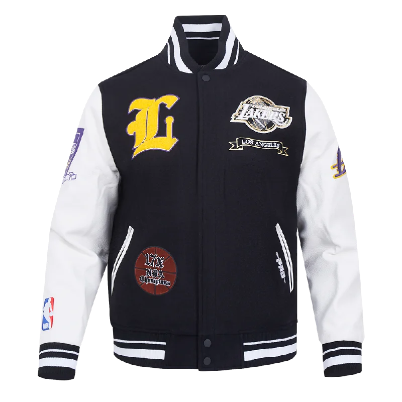 NBA LOS ANGELES LAKERS PRO PREP WOOL VARSITY JACKET (BLACK/WHITE) Knit Fabric Woven Fabric Fleece Fabric