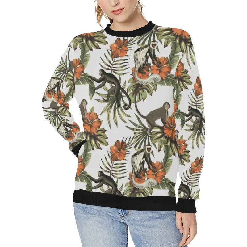 Monkey red hibiscus flower palm leaves floral patt Women's Crew Neck Sweatshirt Hoodie with Emblem Brand Identity