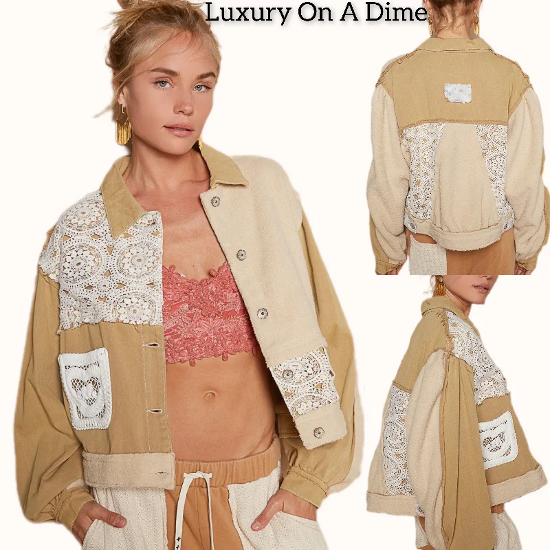 POL Lace Teddy Fleece Patchwork Floral Retro Boho Raw Seam Button-Up Collar Jacket Cardigan Sweater Pullover POL Lace Teddy Fleece Patchwork Floral Retro Boho Raw Seam Button-Up Collar Jacket Cardigan Sweater Pullover