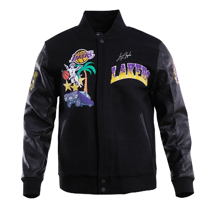 NBA LOS ANGELES LAKERS GRADIENT LOGO MEN'S VARSITY JACKET (BLACK) Tiered Jacket Buttoned Jacket Zippered Jacket