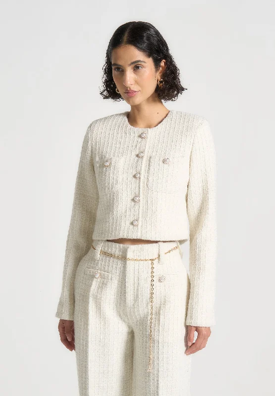 Cropped Tweed Jacket with Pearls - Cream Knit Jacket Woven Jacket Fleece Jacket