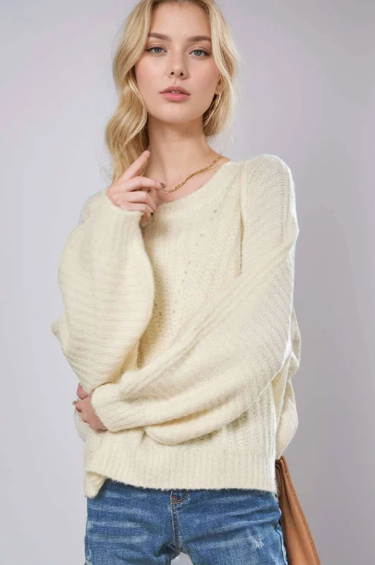 Slouchy Dropped Shoulder Pullover Sweater - Davi & Dani Solid Print Embellished
