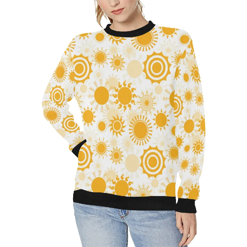 Sun design pattern Women's Crew Neck Sweatshirt Hoodie with Hem Frayed Vintage Worn