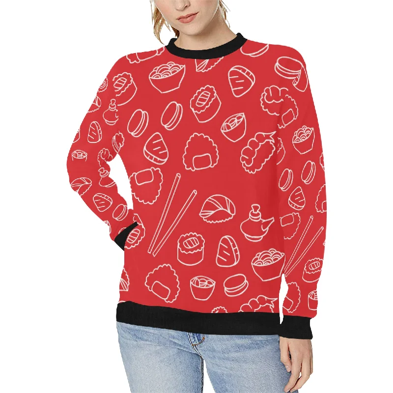 sushi pattern red background Women's Crew Neck Sweatshirt Hoodie with Elastic Cuffs Stretchable Comfortable