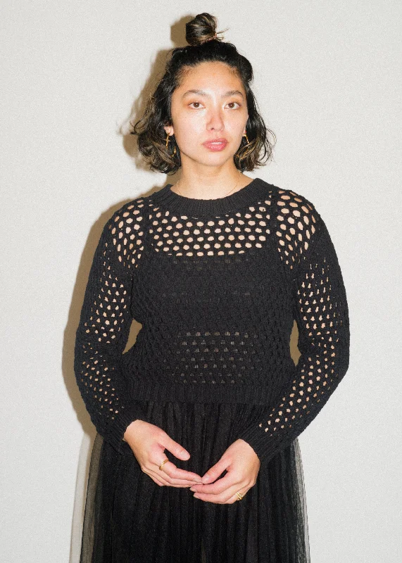 Black Open Knit Sweater Ribbed Striped Patterned