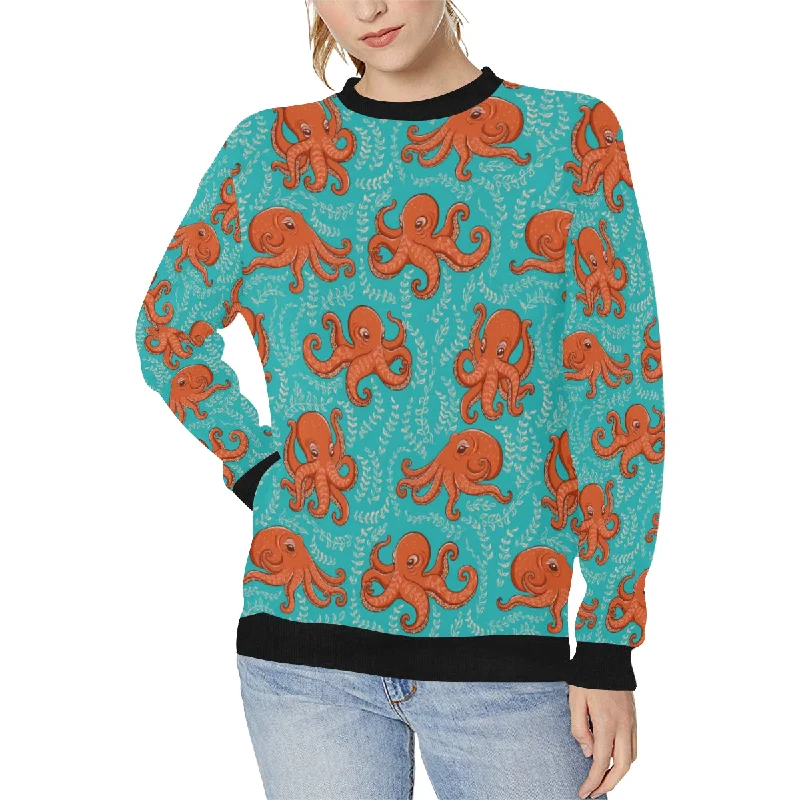 Octopus turquoise background Women's Crew Neck Sweatshirt Hoodie with Hem Embroidery Detailed Premium