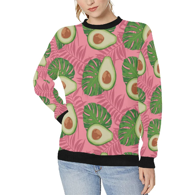 Avocado slices leaves pink back ground Women's Crew Neck Sweatshirt Hoodie Jacket Zipper Layering