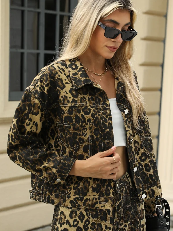 Leopard Print Denim Jean Jacket Full Button Front Classic Collar Mobwife Animal Glam Zippered Jacket Buttoned Jacket Snapped Jacket Leopard Print Denim Jean Jacket Full Button Front Classic Collar Mobwife Animal Glam Zippered Jacket Buttoned Jacket Snapped Jacket