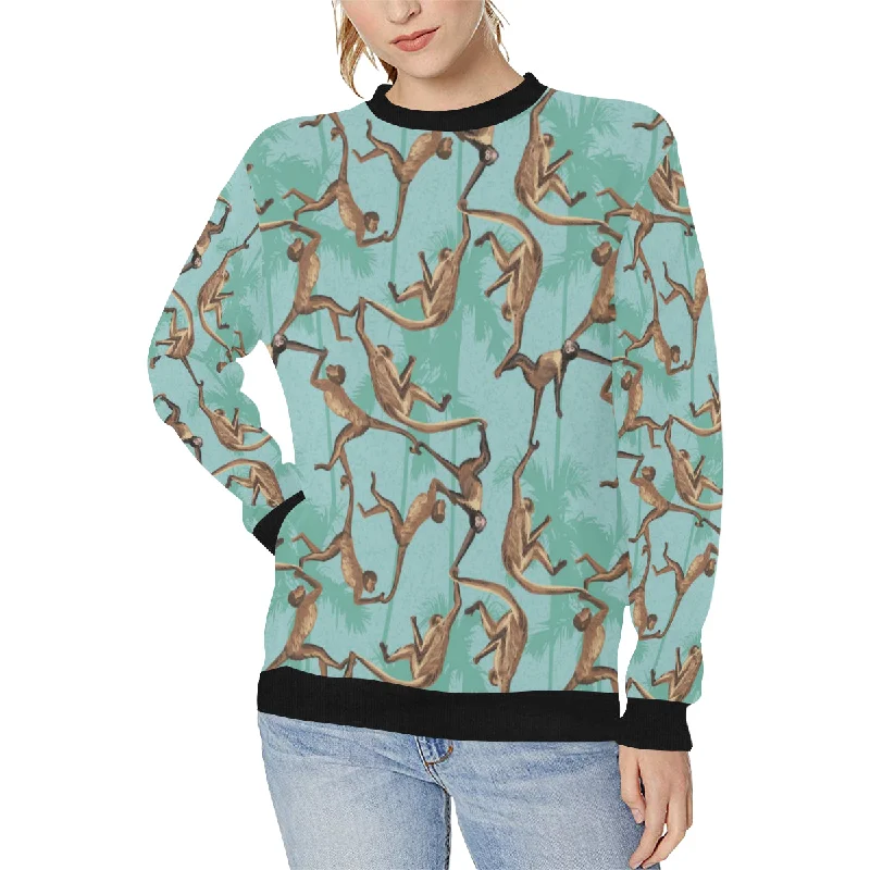 Monkey Palm tree background Women's Crew Neck Sweatshirt Hoodie with Sequins Glamorous Eye-catching