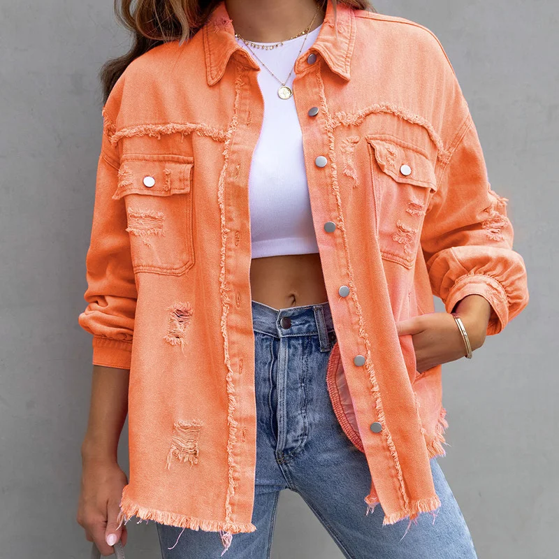 Women Fashion Solid Color Mid-Length Ripped Loose Raw Hem Denim Jacket Coat Faux Fur Jacket Real Fur Jacket Shearling Jacket Women Fashion Solid Color Mid-Length Ripped Loose Raw Hem Denim Jacket Coat Faux Fur Jacket Real Fur Jacket Shearling Jacket