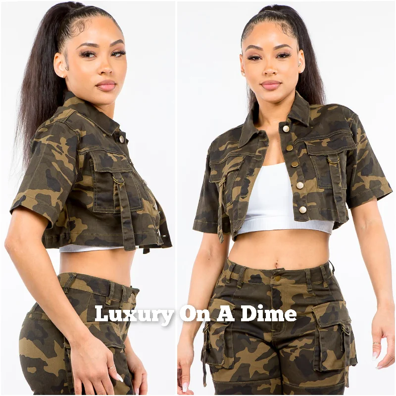 American Bazi Cropped Combat Camo Denim Short Sleeve Button Jean Jacket One-Shoulder Jacket Off-the-Shoulder Jacket Asymmetrical Jacket American Bazi Cropped Combat Camo Denim Short Sleeve Button Jean Jacket One-Shoulder Jacket Off-the-Shoulder Jacket Asymmetrical Jacket