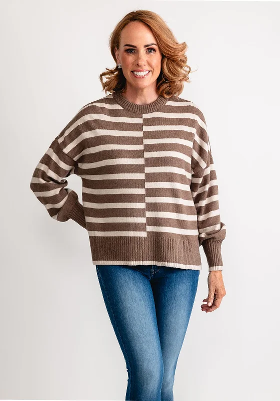 Fransa Bitte Striped Knit Jumper, Brown Toggled Drawstring Belted