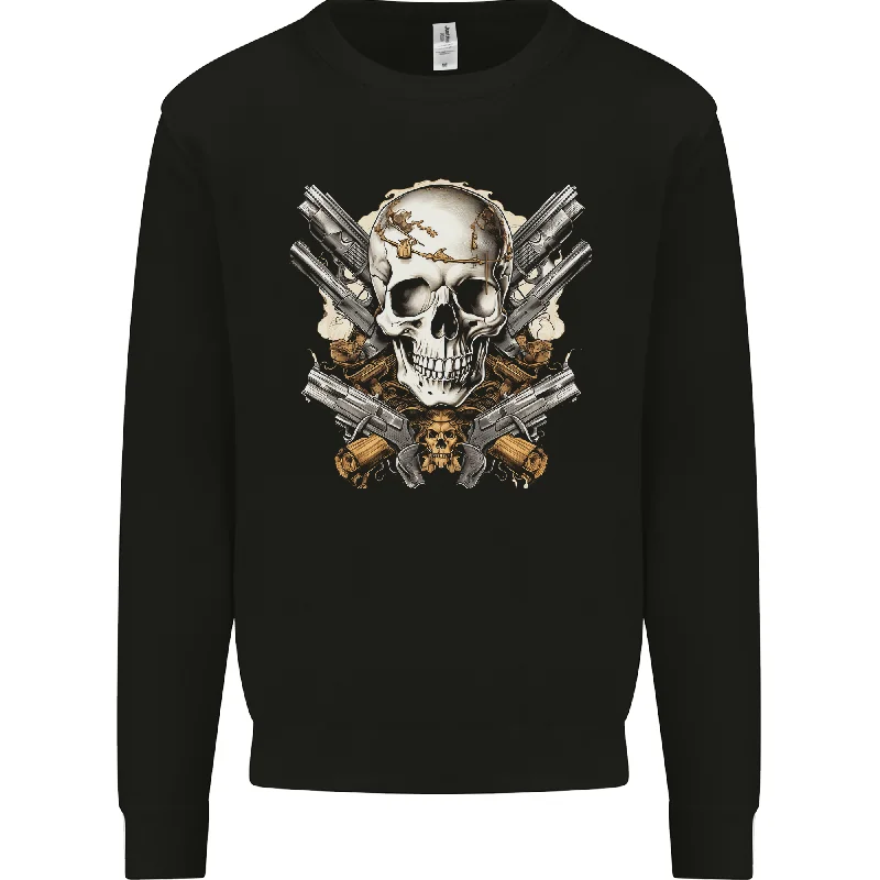 A Skull With Guns Cowboy Biker Mens Sweatshirt Jumper Cotton Hoodie Fleece Lining Warmth