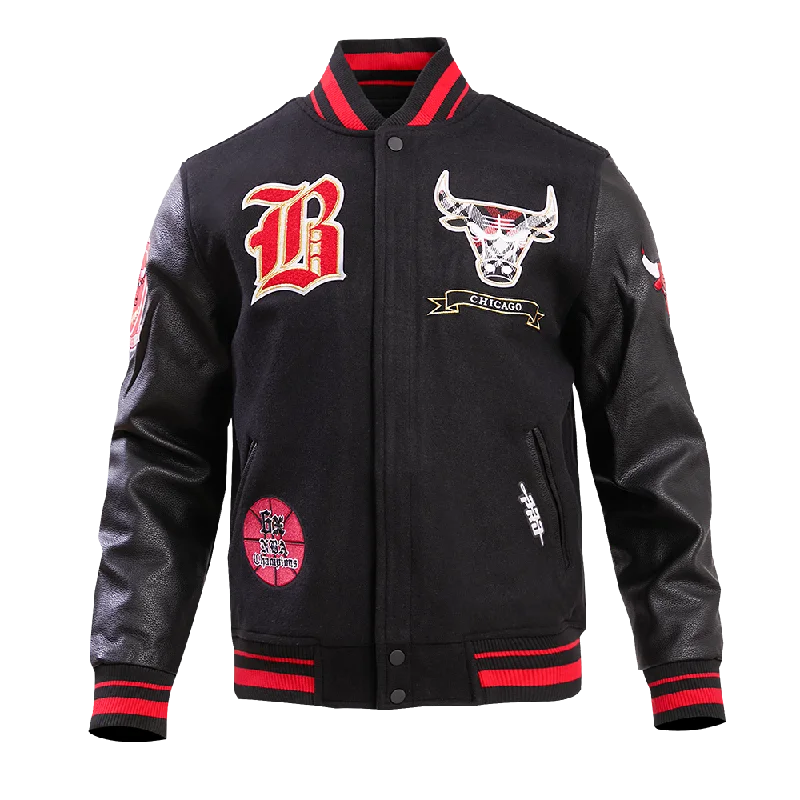 NBA CHICAGO BULLS PRO PREP MEN'S WOOL VARSITY JACKET (BLACK/RED/BLACK) Wool Fabric Cashmere Fabric Tweed Fabric