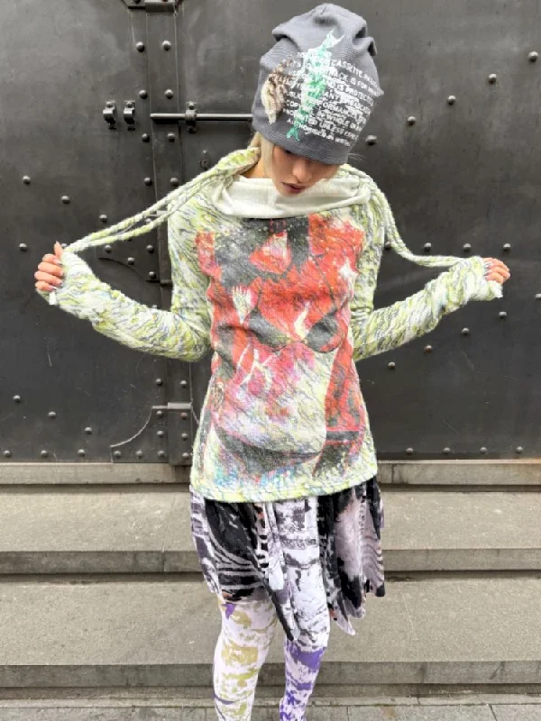 Printed Stacked Collar Drawstring Knit Sweater【s0000007656】 Layered Multi-layer Single Layer Printed Stacked Collar Drawstring Knit Sweater【s0000007656】 Layered Multi-layer Single Layer