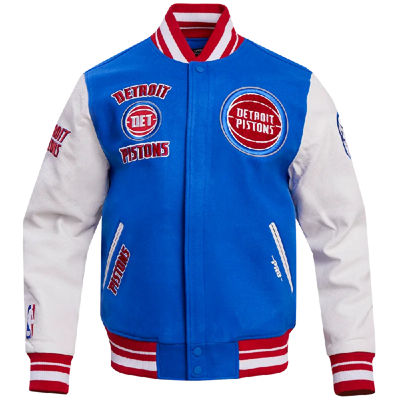 NBA DETROIT PISTONS RETRO CLASSIC MEN'S RIB WOOL VARSITY JACKET (ROYAL/RED) Cotton Fabric Linen Fabric Terry Fabric