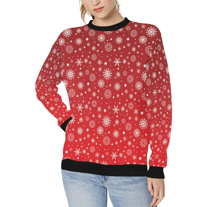 Snowflake pattern red background Women's Crew Neck Sweatshirt Hoodie with V-Neck Classic Versatile