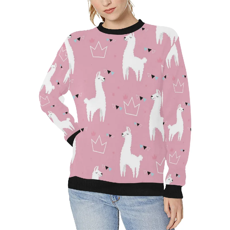 Llama Alpaca pink background Women's Crew Neck Sweatshirt Hoodie with Magnetic Closure Innovative Modern