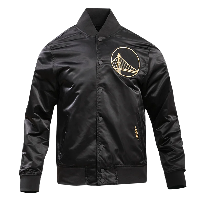 GOLDEN STATE WARRIORS GOLD LOGO SATIN JACKET (BLACK) Front Pockets Side Pockets Patch Pockets