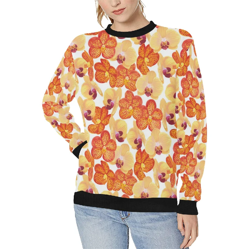 Orange yellow orchid flower pattern background Women's Crew Neck Sweatshirt Hoodie with Exposed Zipper Edgy Industrial