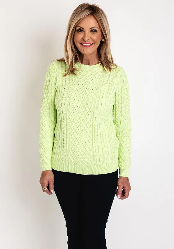 Micha Round Neck Cable Knit Sweater, Pale Lime Knit Fabric Woven Fabric Fleece Fabric