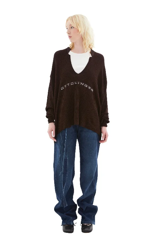 Knit Open Collar Sweater (Brown) Spandex Rayon Corduroy